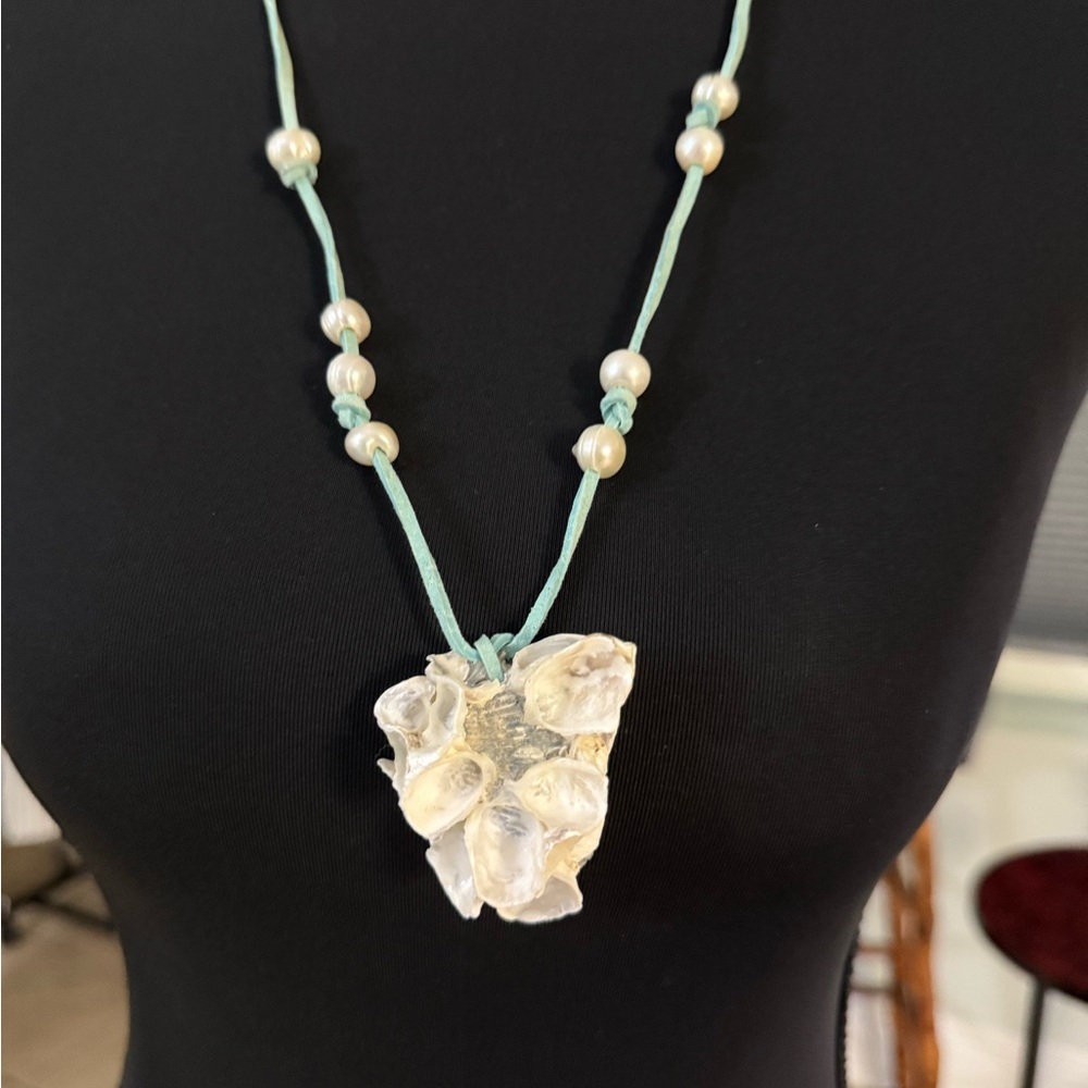 Seashell and Pearl Necklace with Green Cord